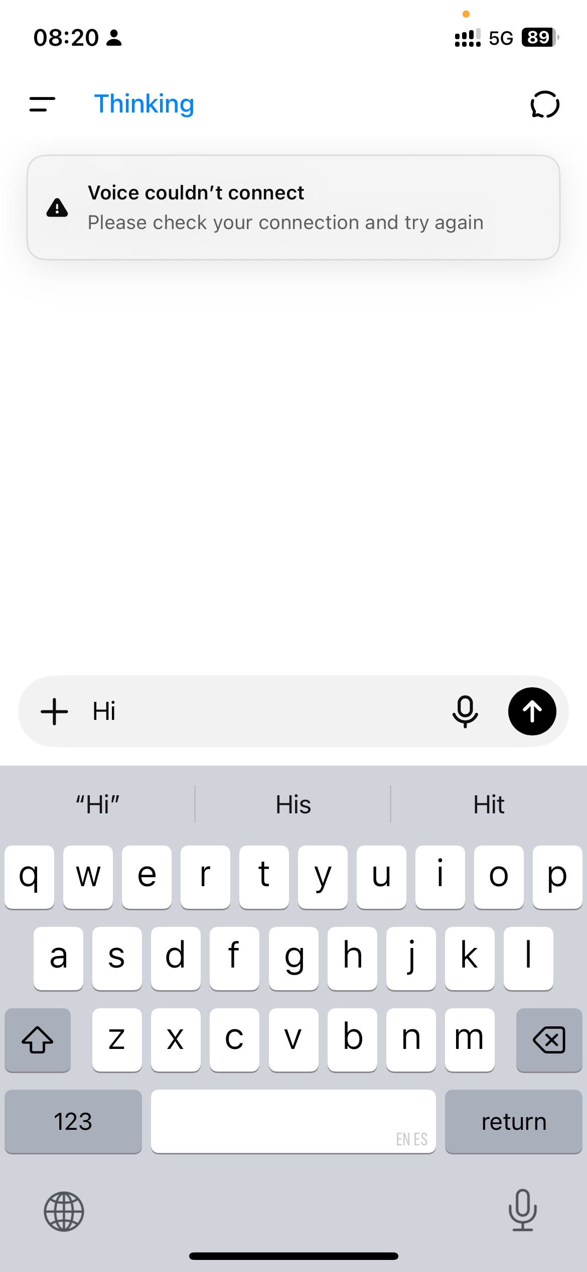 5G表示のiPhone ChatGPT。「Voice couldn't connect · Please check your connection and try again」