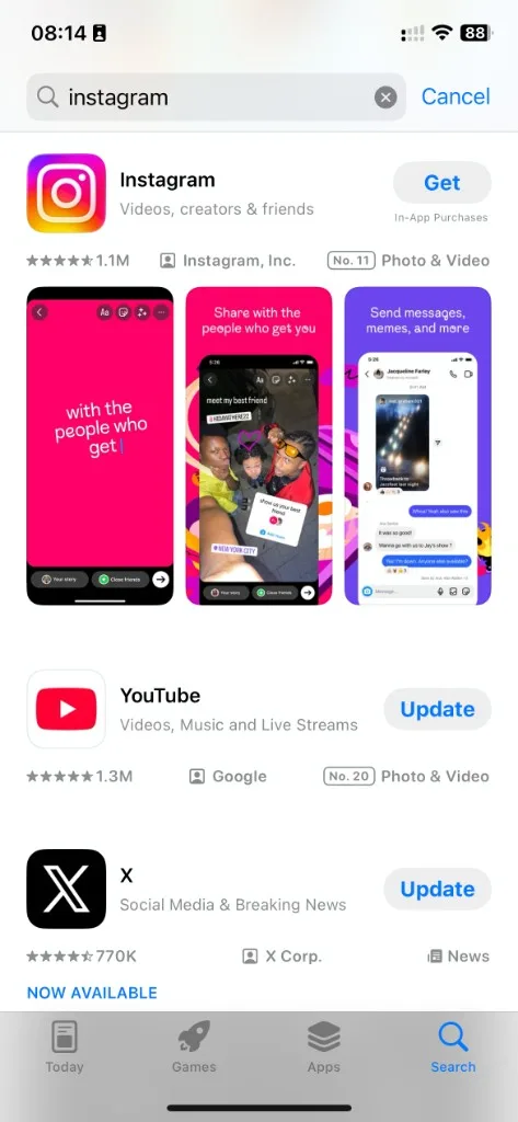 中国区 App Store で Instagram を検索し、Get と表示された画面・2026年8月