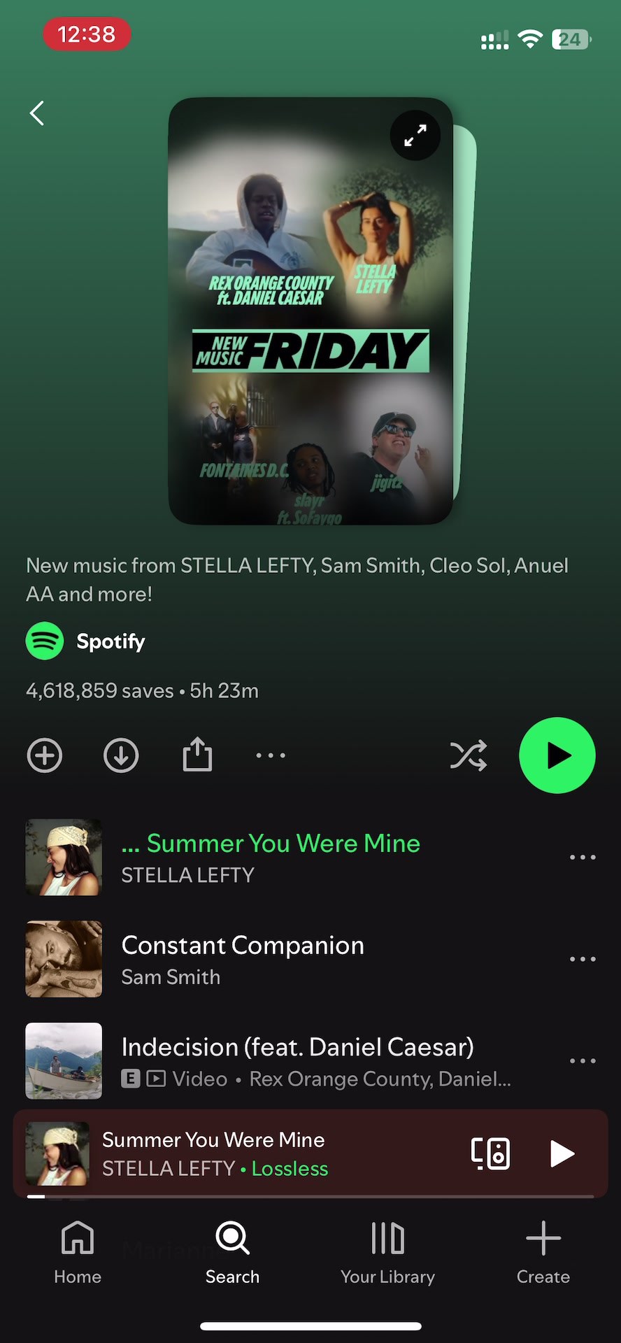 로그인된 Spotify. New Music Friday. 2026년 8월 23일 화면 녹화